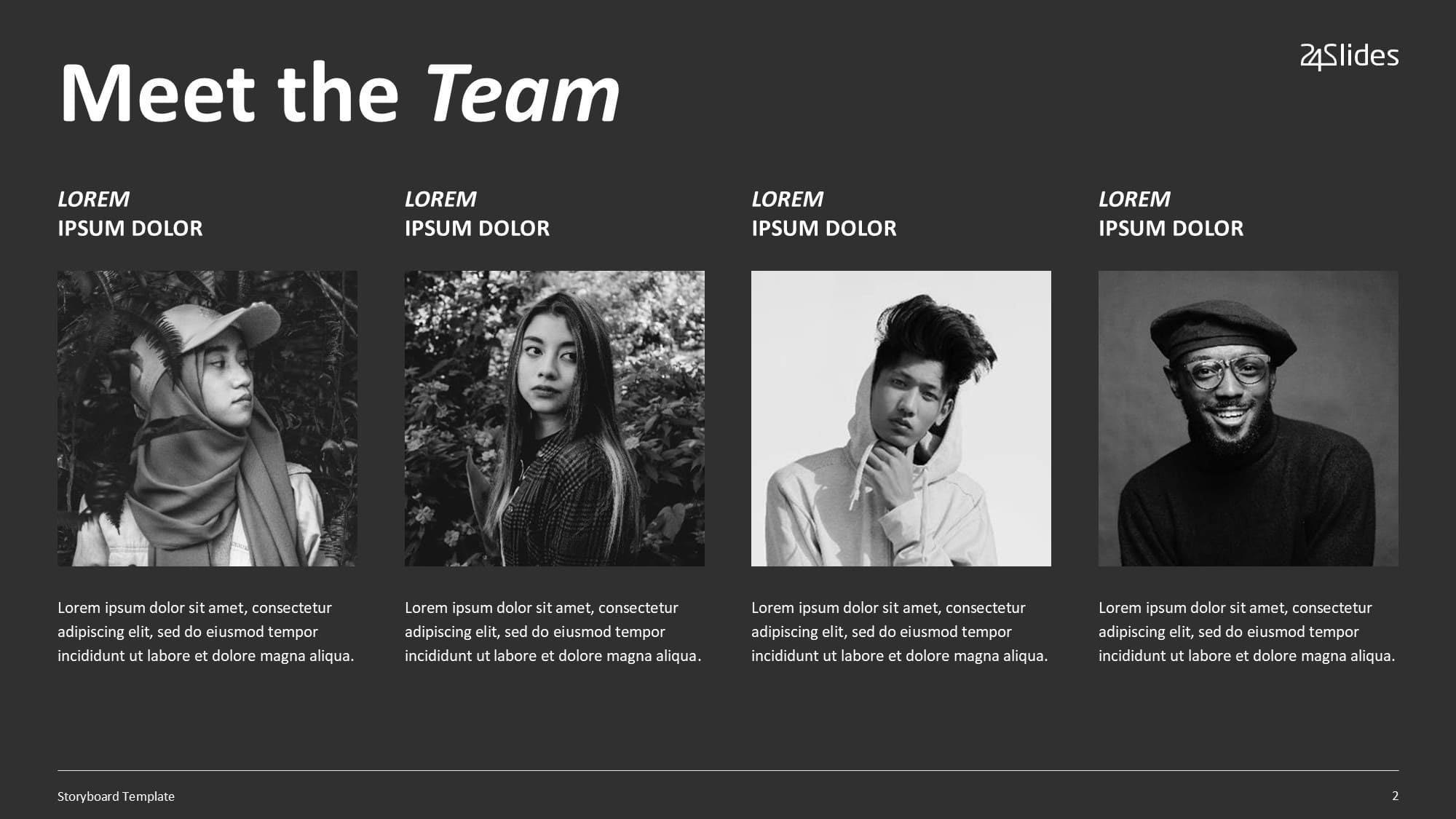 A minimalist meet the team slide template displaying four team members in a sleek, high-contrast dark mode vertical layout.