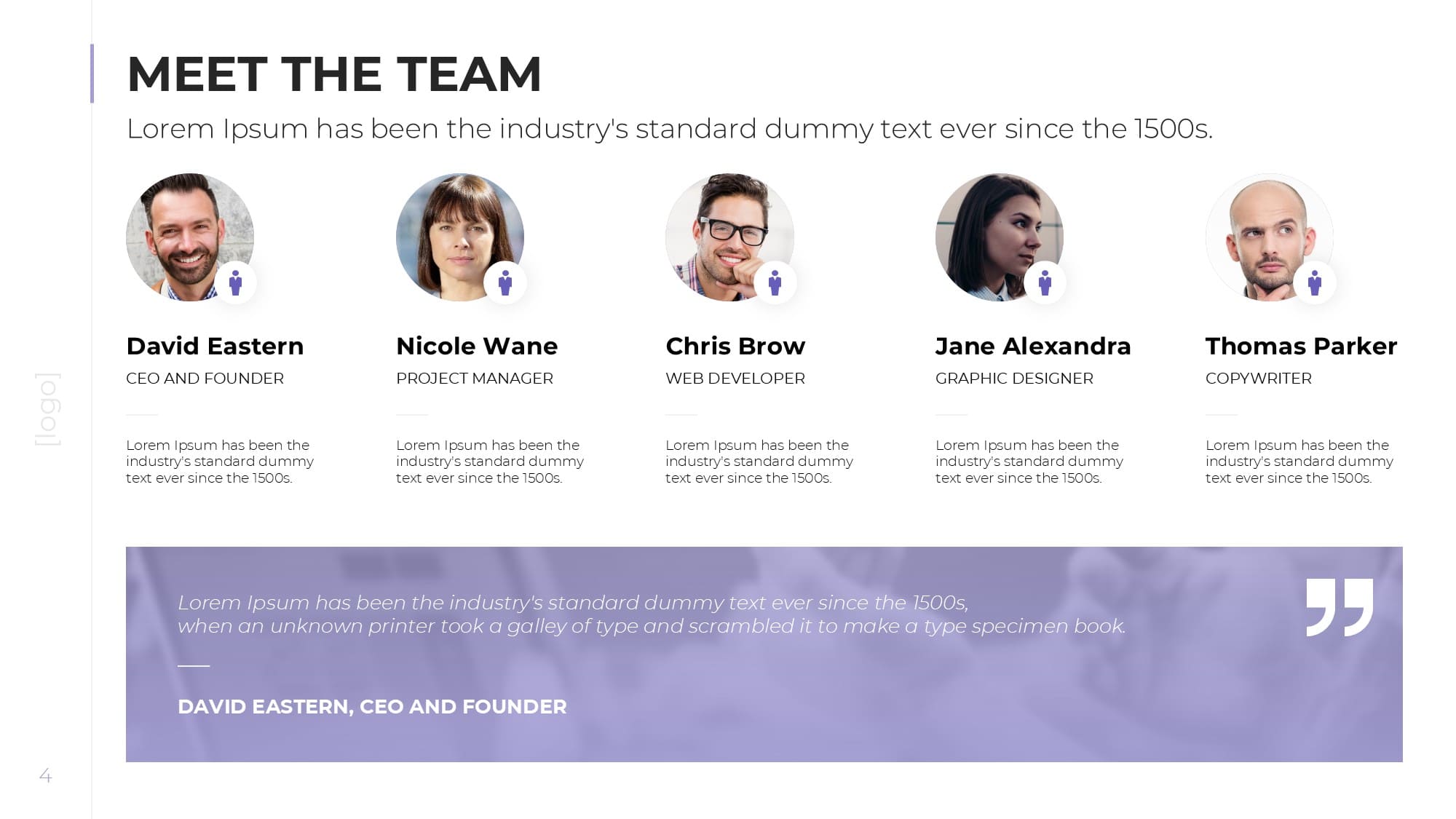 A light corporate meet the team slide template displaying four team members in a clean horizontal row with circular profile photos.