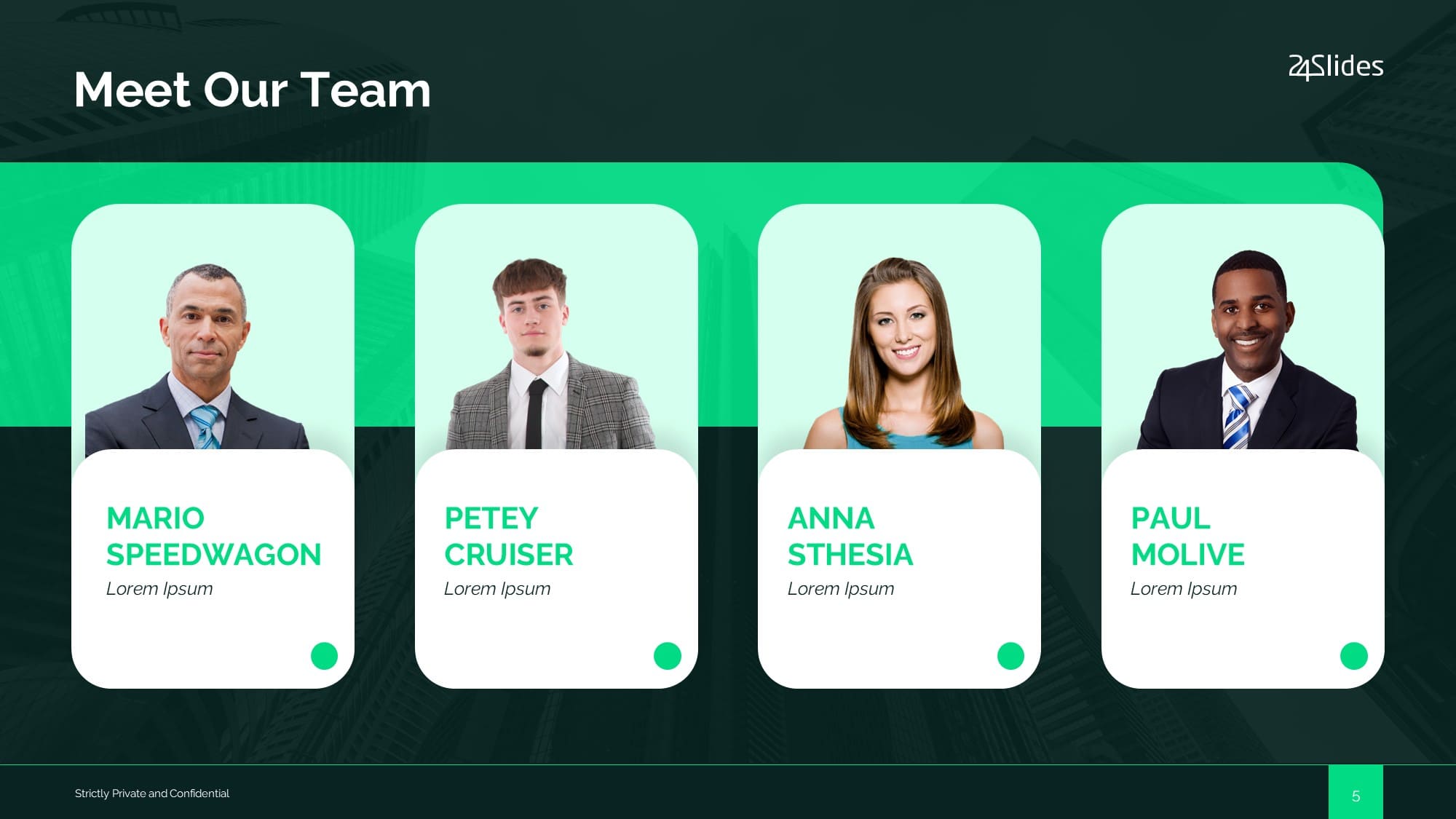 A meet the team slide template displaying four team members in clean vertical profile cards with headshots and vibrant green elements.