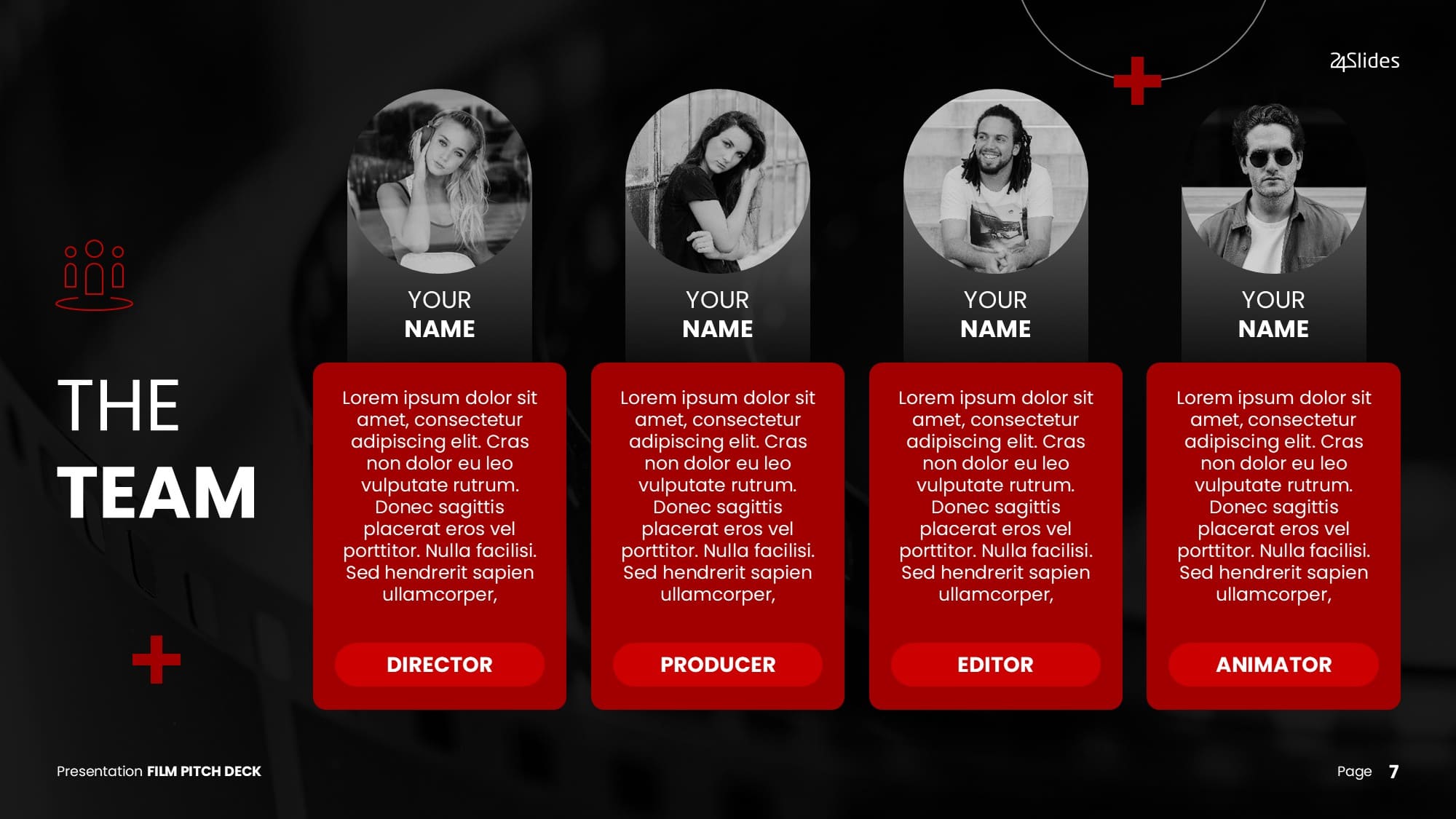 A four-person production team slide template organizing core crew members in a horizontal layout with black-and-white photos and red text boxes.