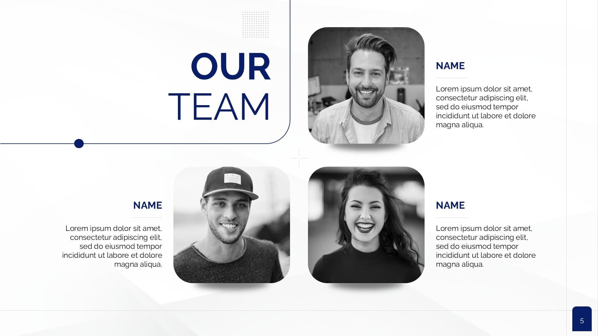 An agency pitchbook leadership profile slide displaying a four-person team introduction in a clean grid with black-and-white headshots.