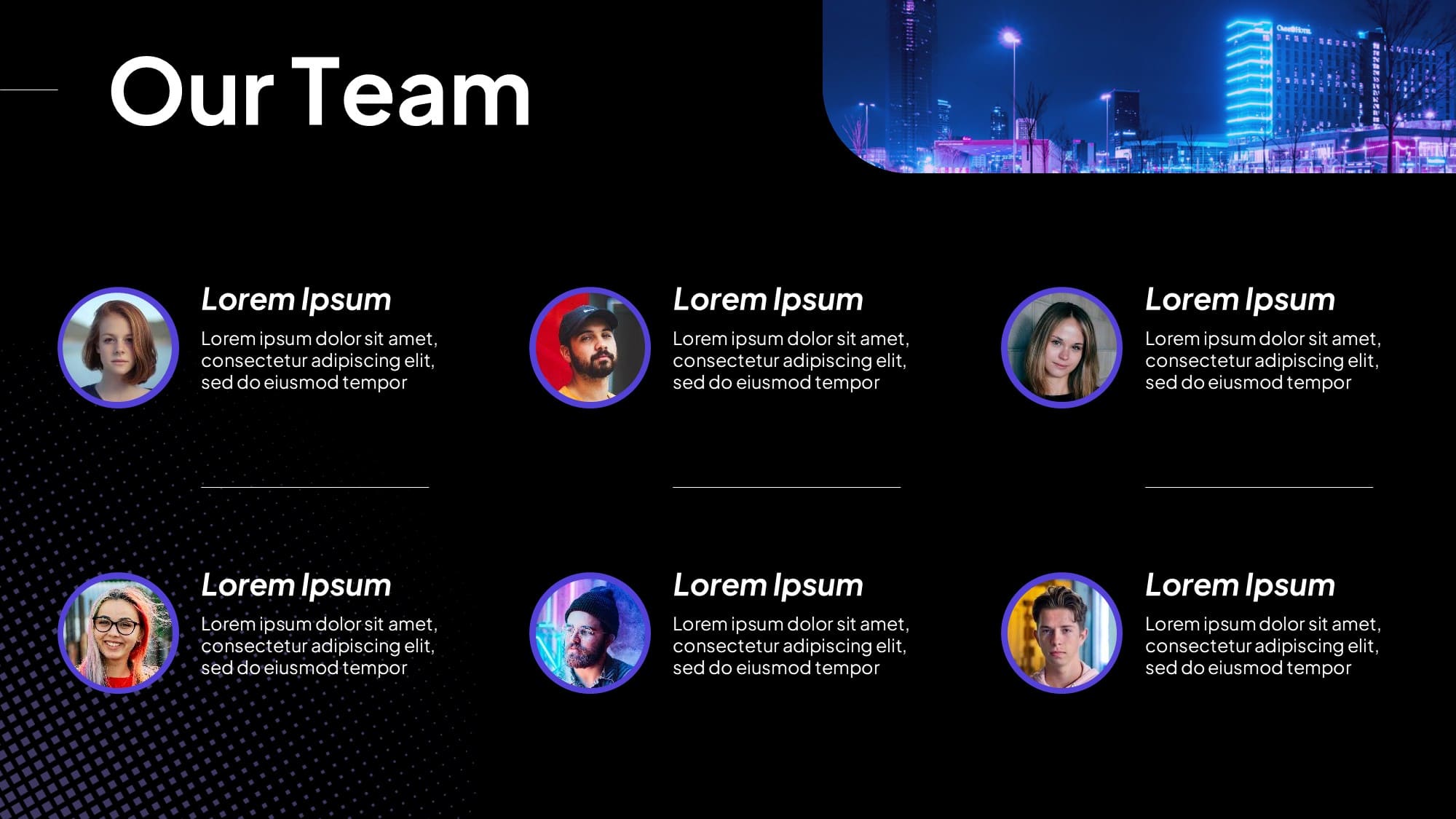 A creative business team introduction slide showcasing six team members in a clean grid with neon purple circular profile frames.