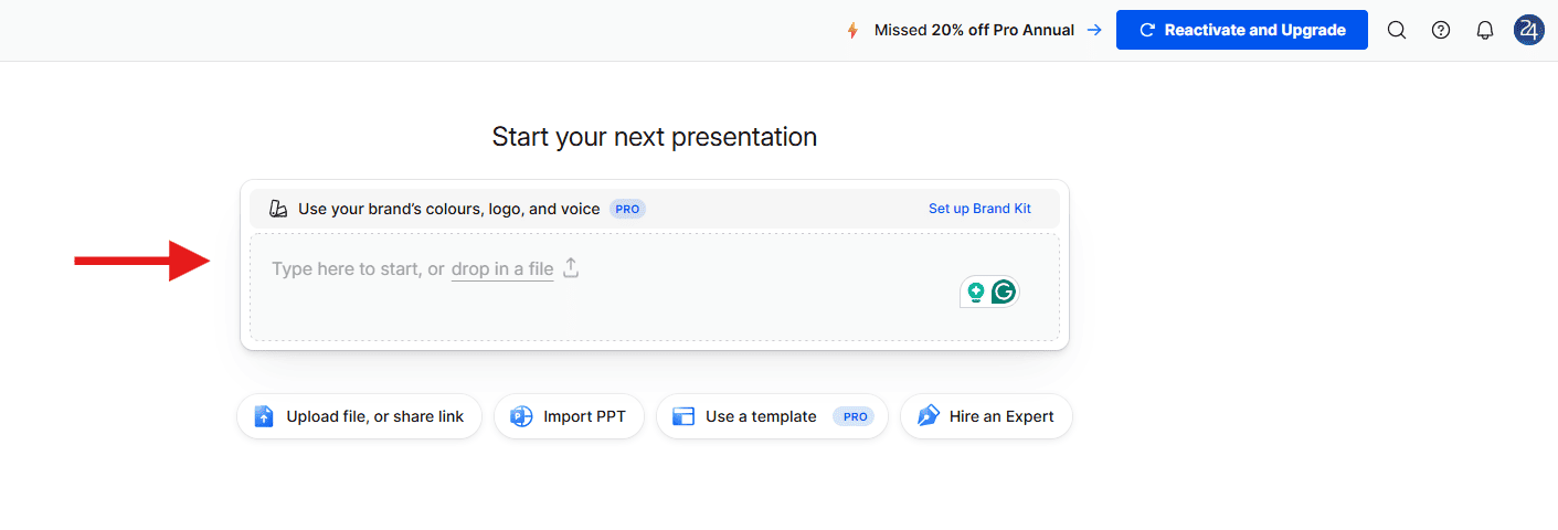 Presentations.ai dashboard showing the "Start your next presentation" section with a red arrow pointing to the main text prompt box.