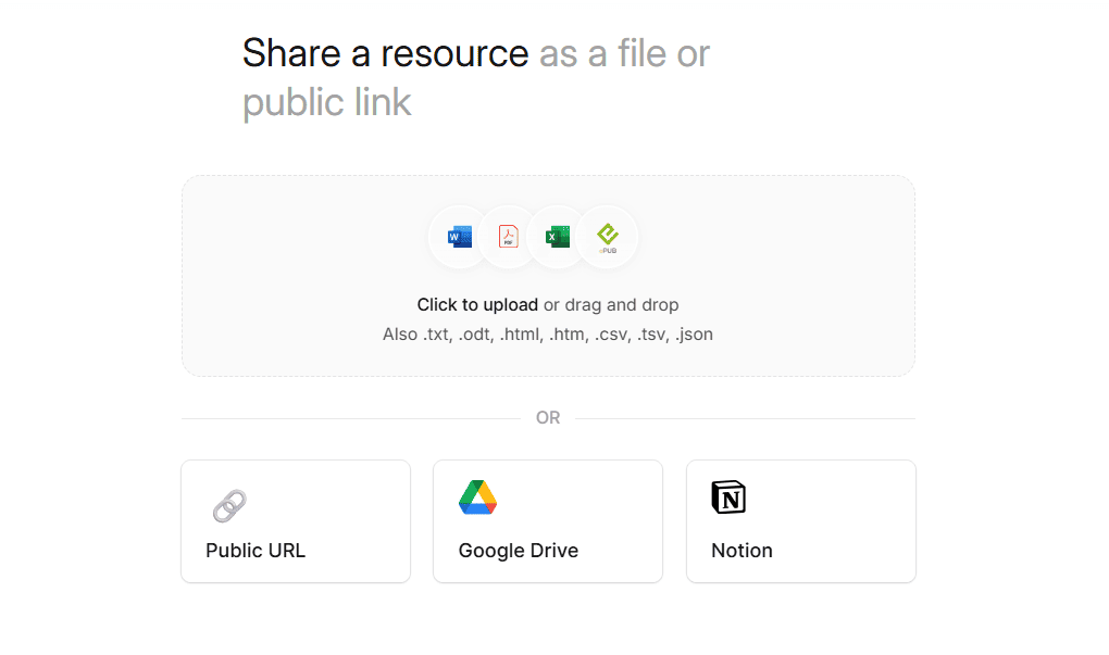 Presentations.ai interface for importing Word, PDF, Excel files, and pasting live URLs from Google Drive or Notion.