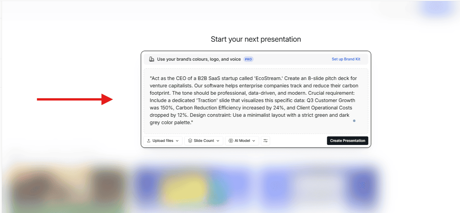 Presentations.ai dashboard showing the highly detailed EcoStream benchmark prompt entered into the main presentation generation box.