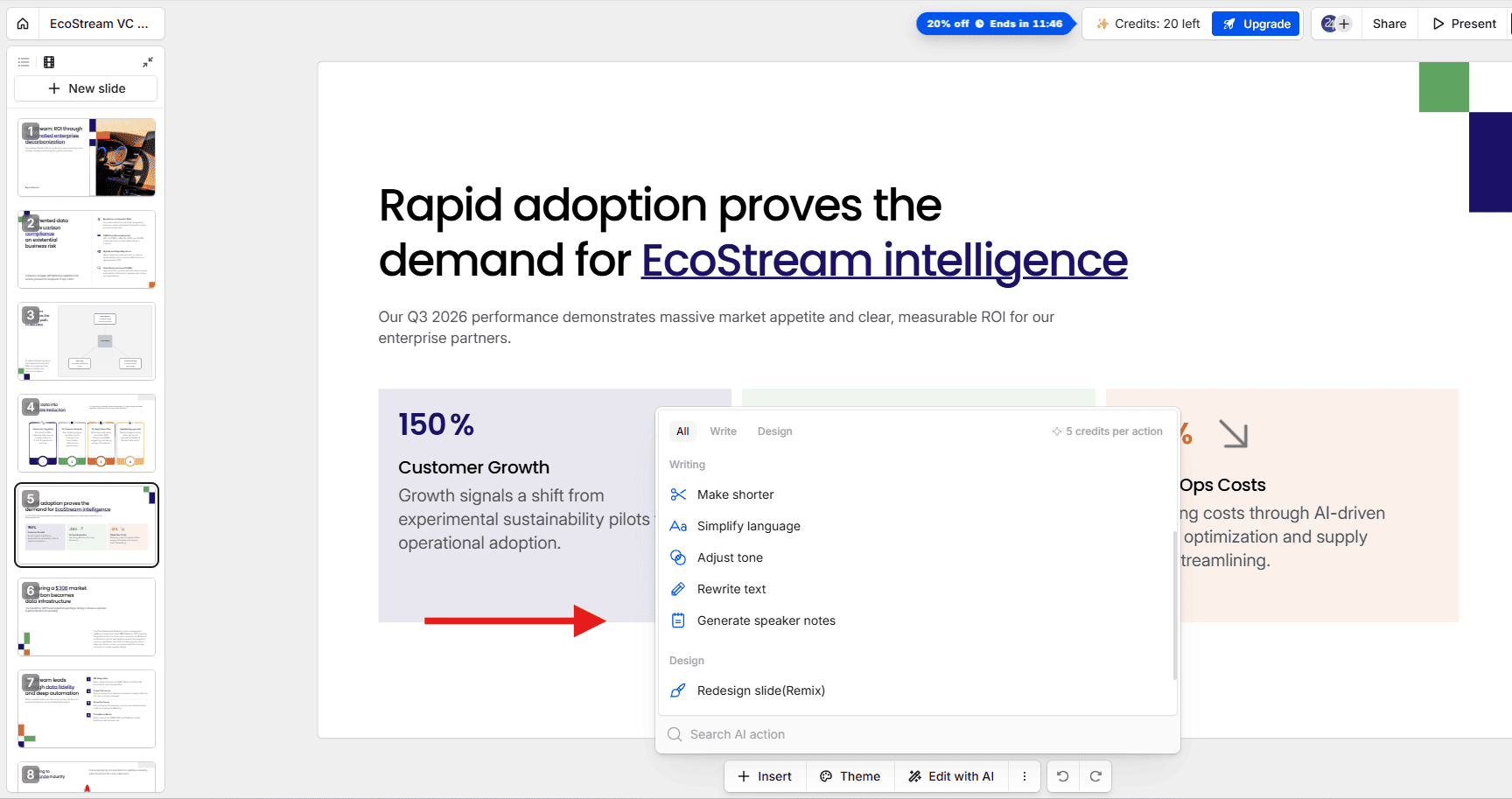 Presentations.ai slide editor showing the 'Edit with AI' menu, featuring options to improve writing, adjust tone, generate speaker notes, and remix the slide design.