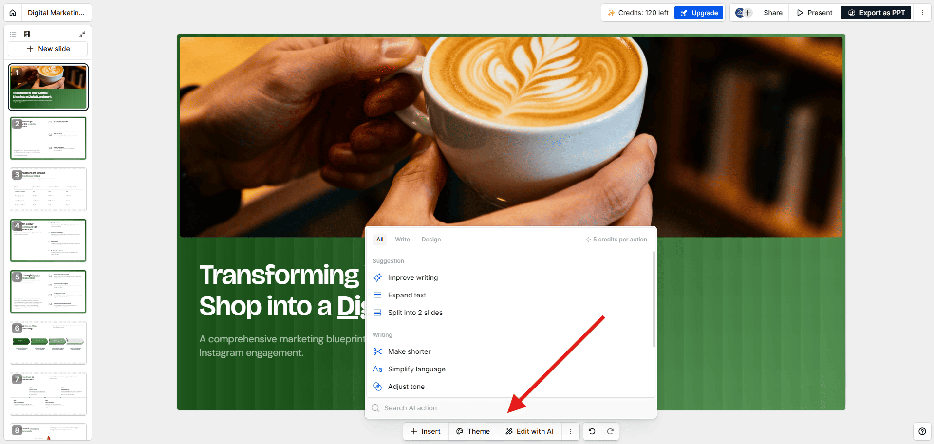 Presentations.ai slide editor showing the Edit with AI menu, featuring options to improve writing, expand text, and adjust the tone of the slide.