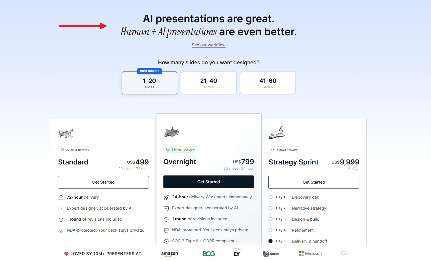 Presentations.ai 'Hire an Expert' pricing page stating that Human plus AI presentations are even better.