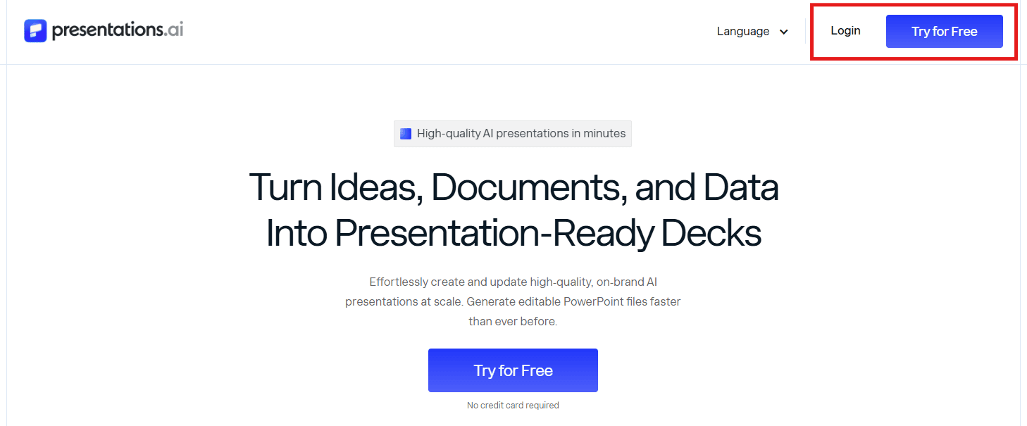Presentations.ai homepage showing the Login link and Try for Free button highlighted in the top-right corner.