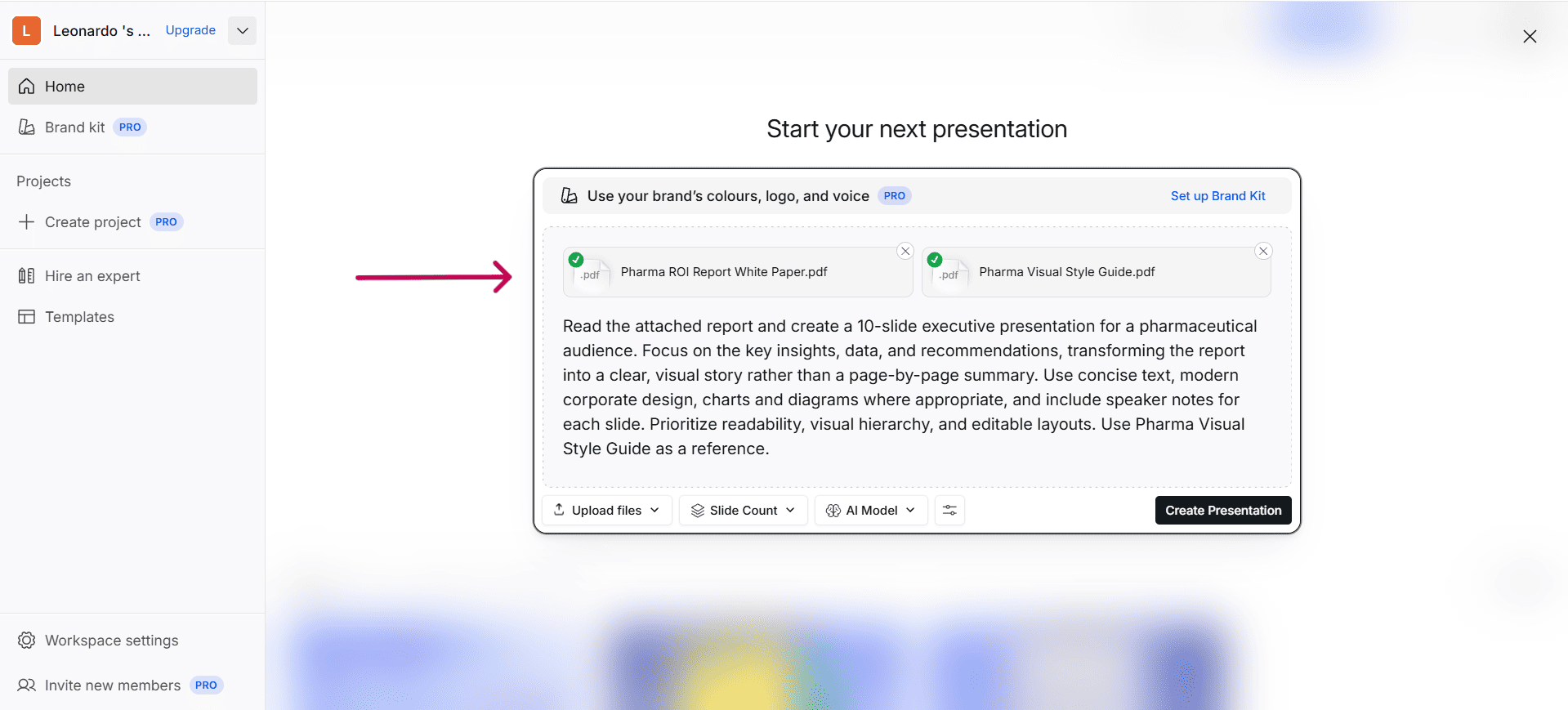 Presentations.ai interface showing an 18-page Pharma PDF and a Visual Style Guide PDF uploaded into the prompt box.