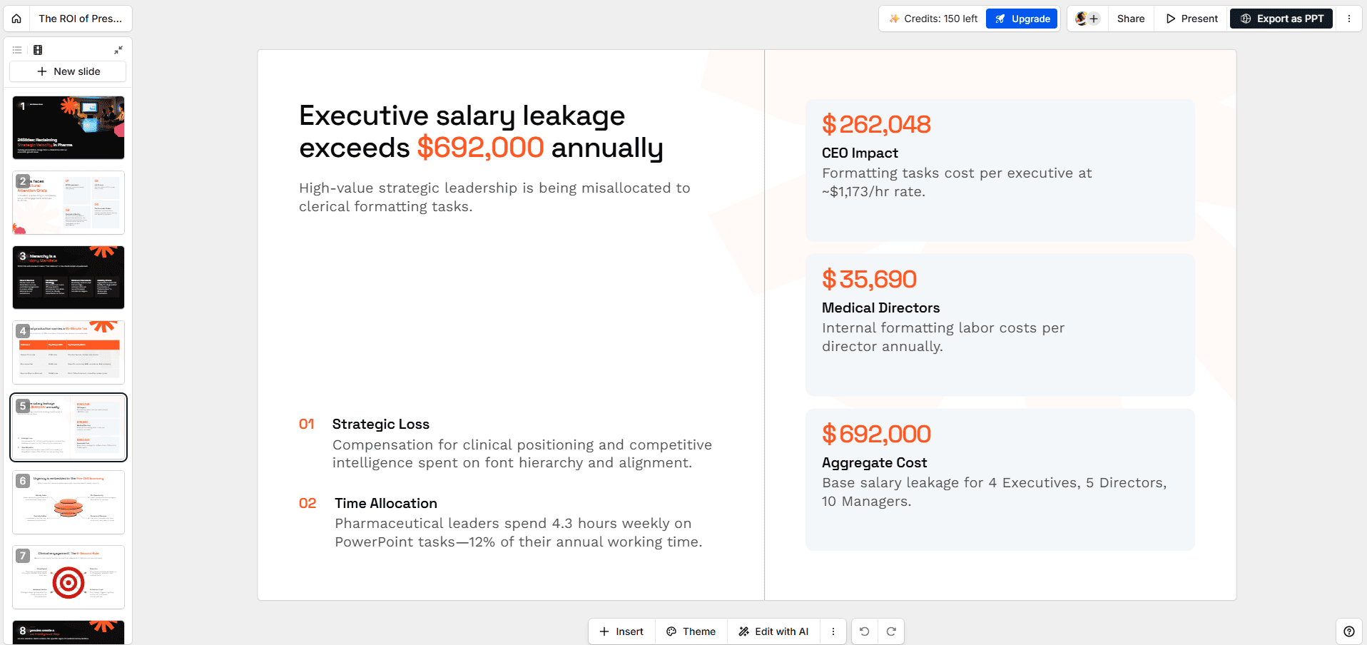 A generated slide in Presentations.ai displaying extracted pharma data, but utilizing a generic template that ignores the uploaded brand guidelines.