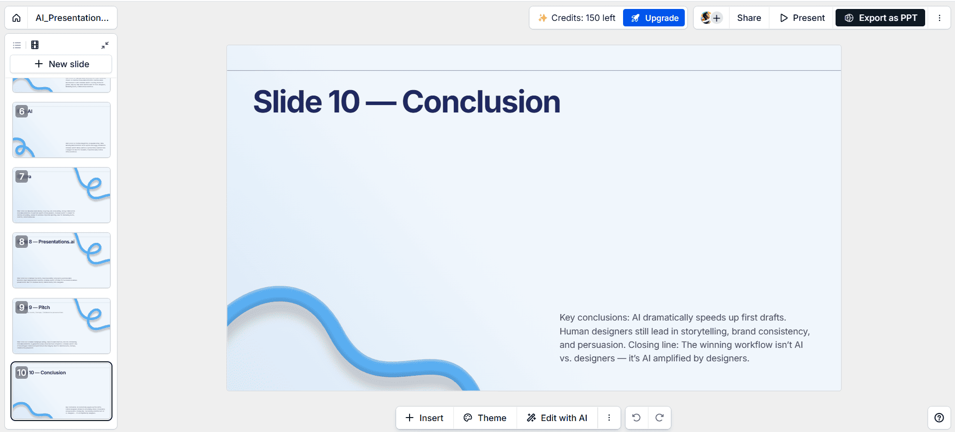 The Presentations.ai editor showing the imported ChatGPT presentation forced into a basic blue, pre-set template.