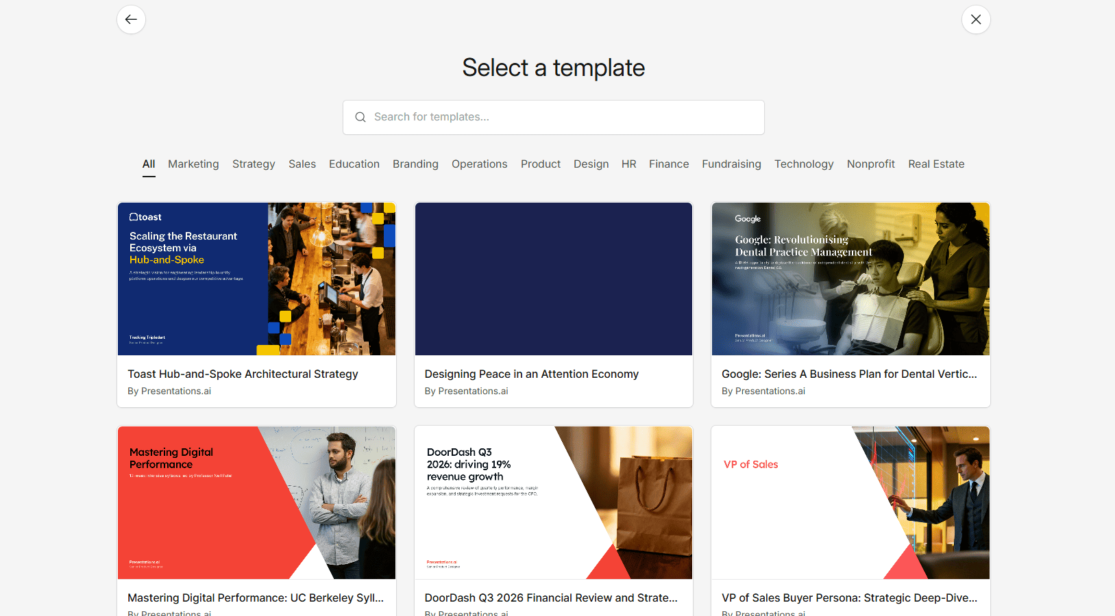 Presentations.ai template gallery showing pre-designed layouts for marketing, sales, and strategy decks.