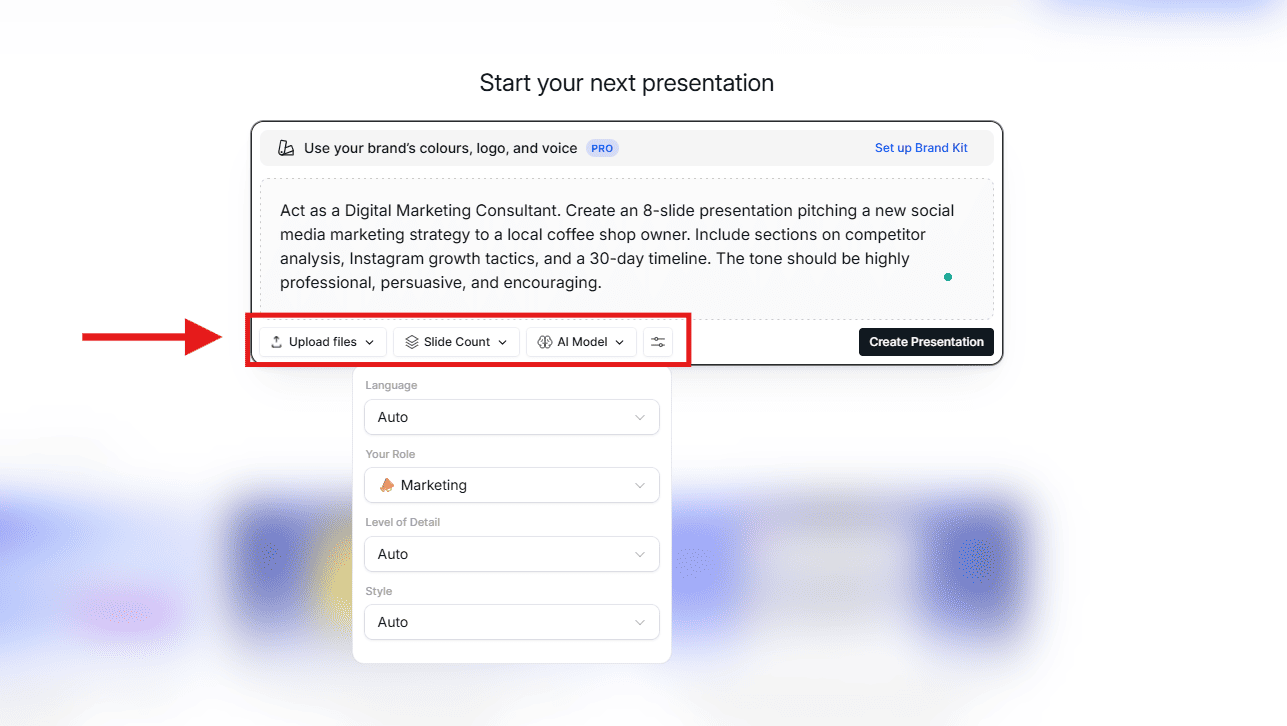 Presentations.ai dashboard showing a detailed marketing prompt and a red box highlighting the configuration toolbar with advanced settings for language, role, and style.