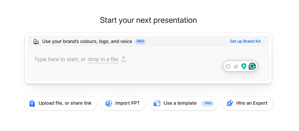 Presentations.ai dashboard showing the main text prompt box and presentation creation options like uploading files or using templates.