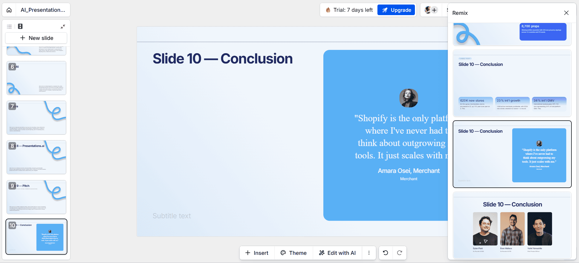 Presentations.ai interface showing the Remix menu generating alternative layout designs for a slide.
