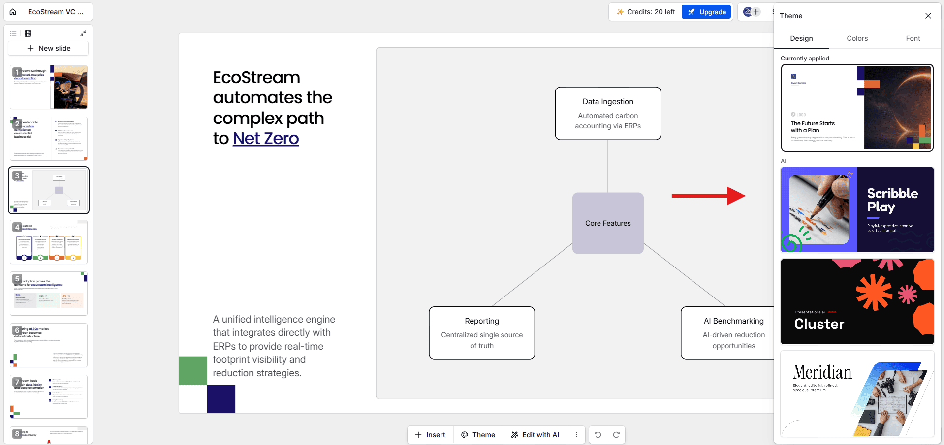 Presentations.ai editor showing a slide with awkward blank spacing and the Theme menu highlighting a restrictive list of pre-set design templates.