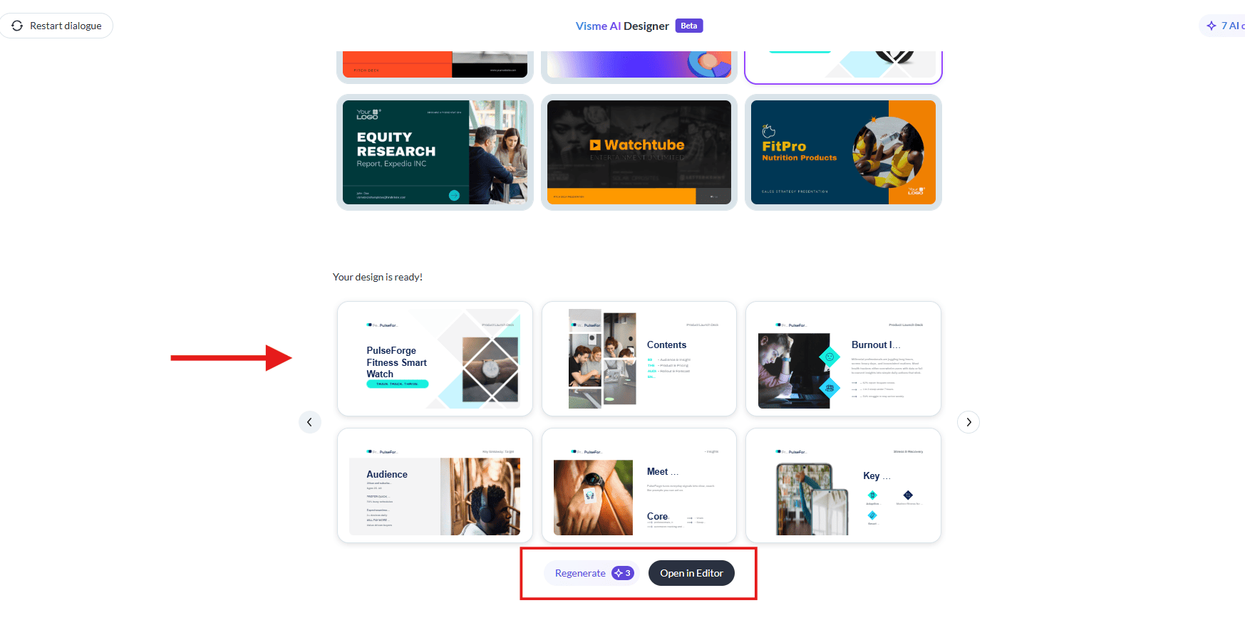 Visme AI Designer screen showing generated slide previews with options to Regenerate or Open in Editor.