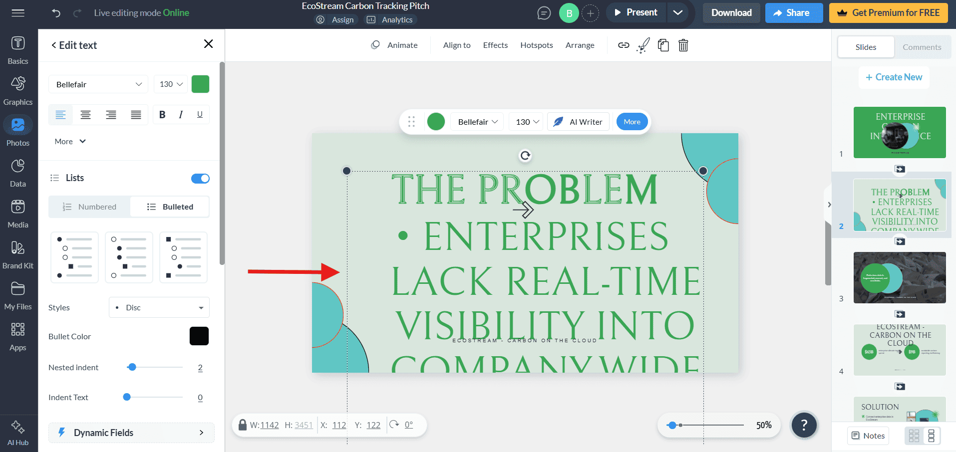 A poorly formatted Visme AI presentation slide showing massive green text, overlapping elements, and unbalanced negative space.