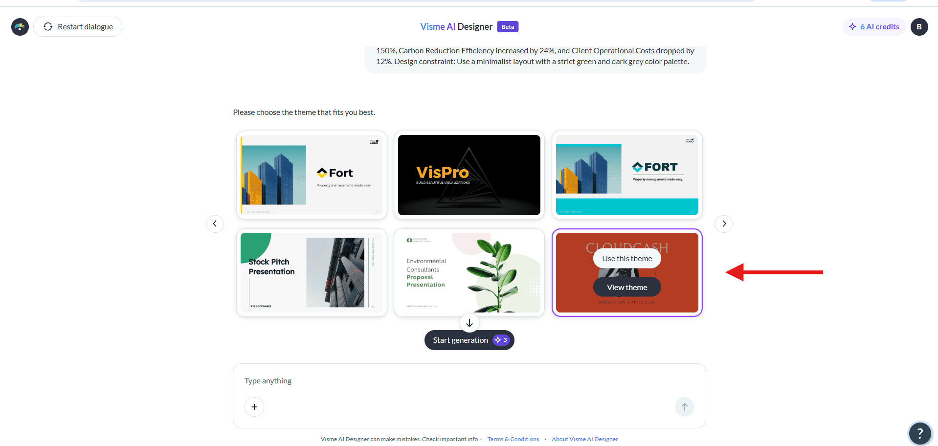 Selecting a red presentation theme in Visme to test if the AI generator can successfully override default templates with custom brand colors.