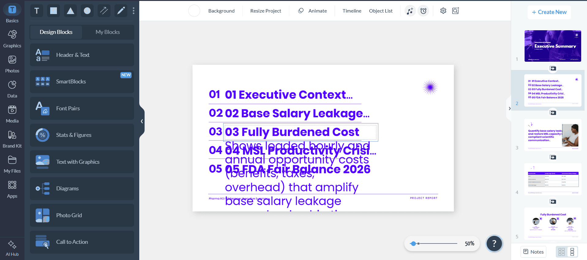 Screenshot of the Visme presentation editor showing severe formatting errors with overlapping blue text and unreadable colliding titles.