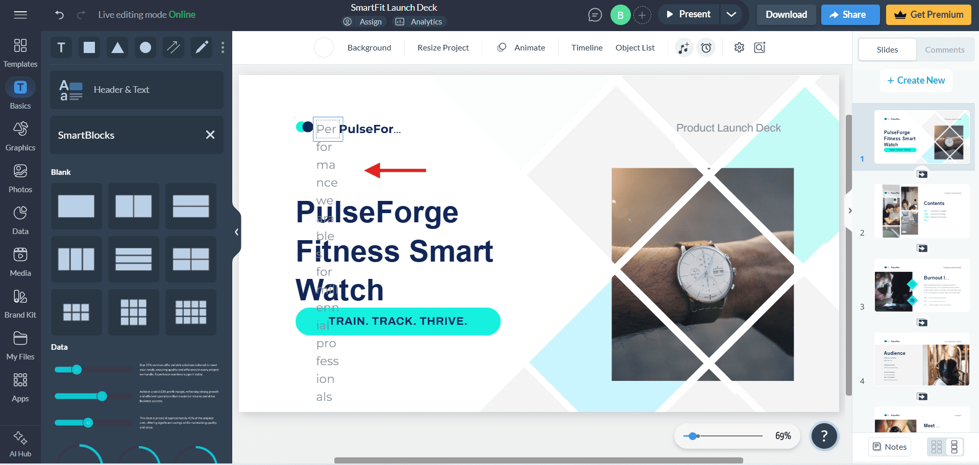 Severe formatting bug in the Visme presentation editor showing overlapping text and broken visual hierarchy on an AI-generated smartwatch slide.