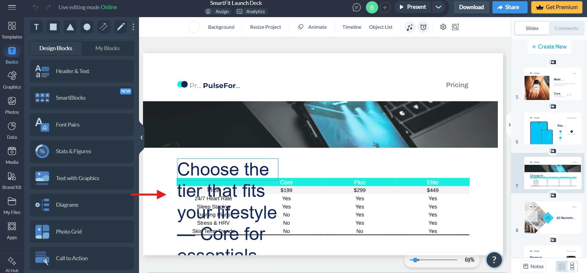Screenshot of Visme slide editor showing overlapping text and pricing table elements due to a display bug.