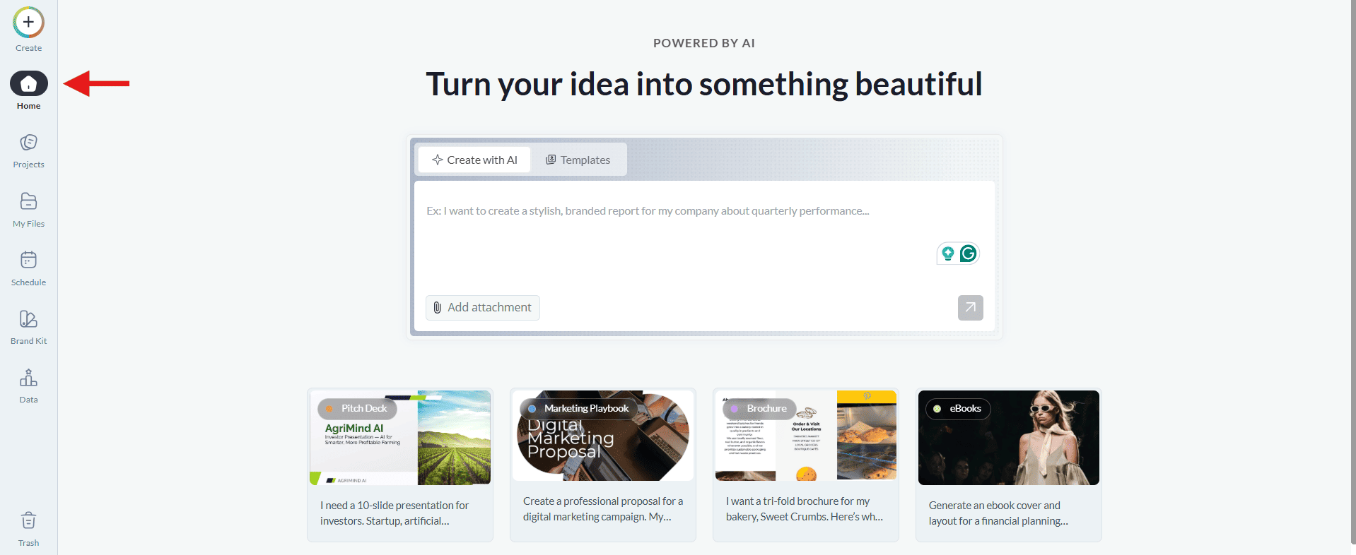 The Visme AI presentation maker home dashboard, highlighting the Home icon on the sidebar and the main "Create with AI" generation box.