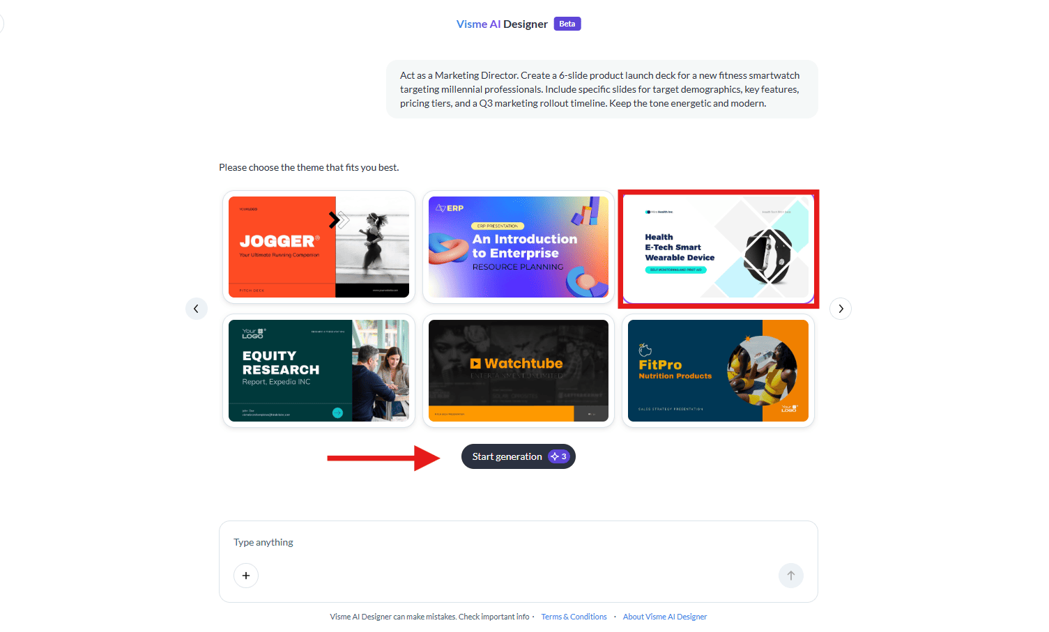 The Visme AI Designer interface displaying a curated shortlist of presentation themes based on a smartwatch marketing prompt.