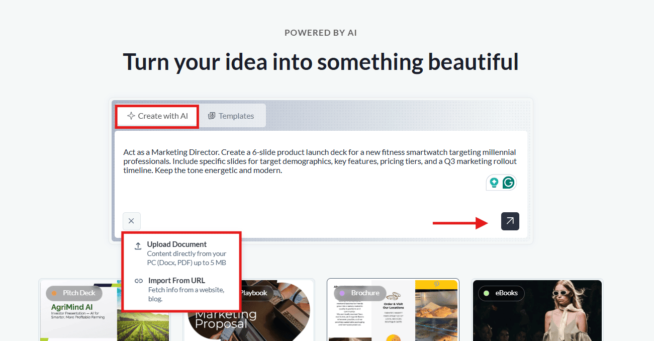 Entering a marketing presentation prompt into the Visme AI generator, highlighting the "Add attachment" menu for PDFs and the submit arrow icon.