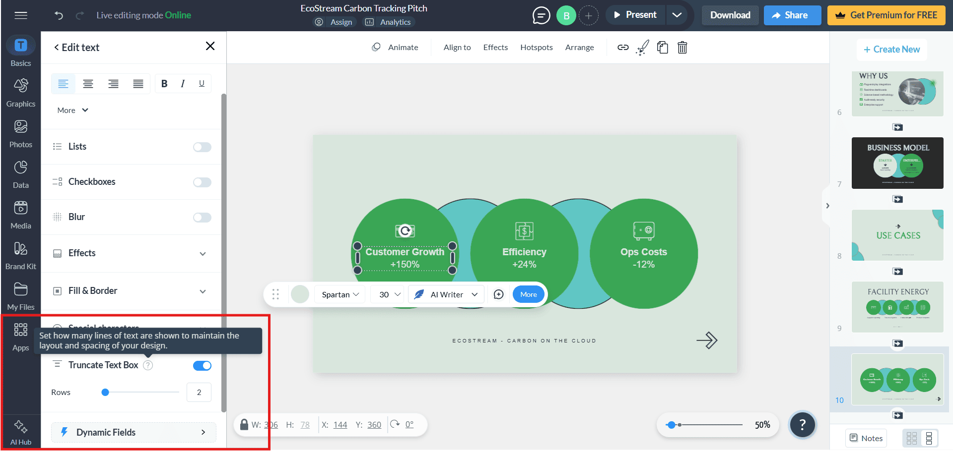 The Visme presentation editor highlighting the Truncate Text Box feature, which automatically hides AI-generated text on the slide.