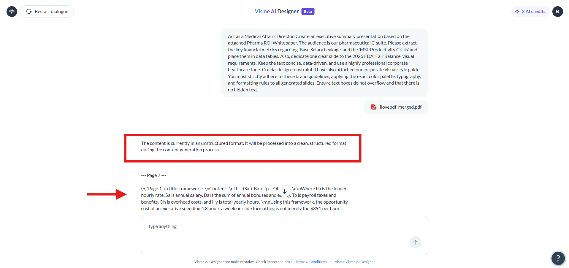 The Visme AI presentation generator displaying a warning that the imported PDF content is unstructured, requiring the AI to rewrite the text.