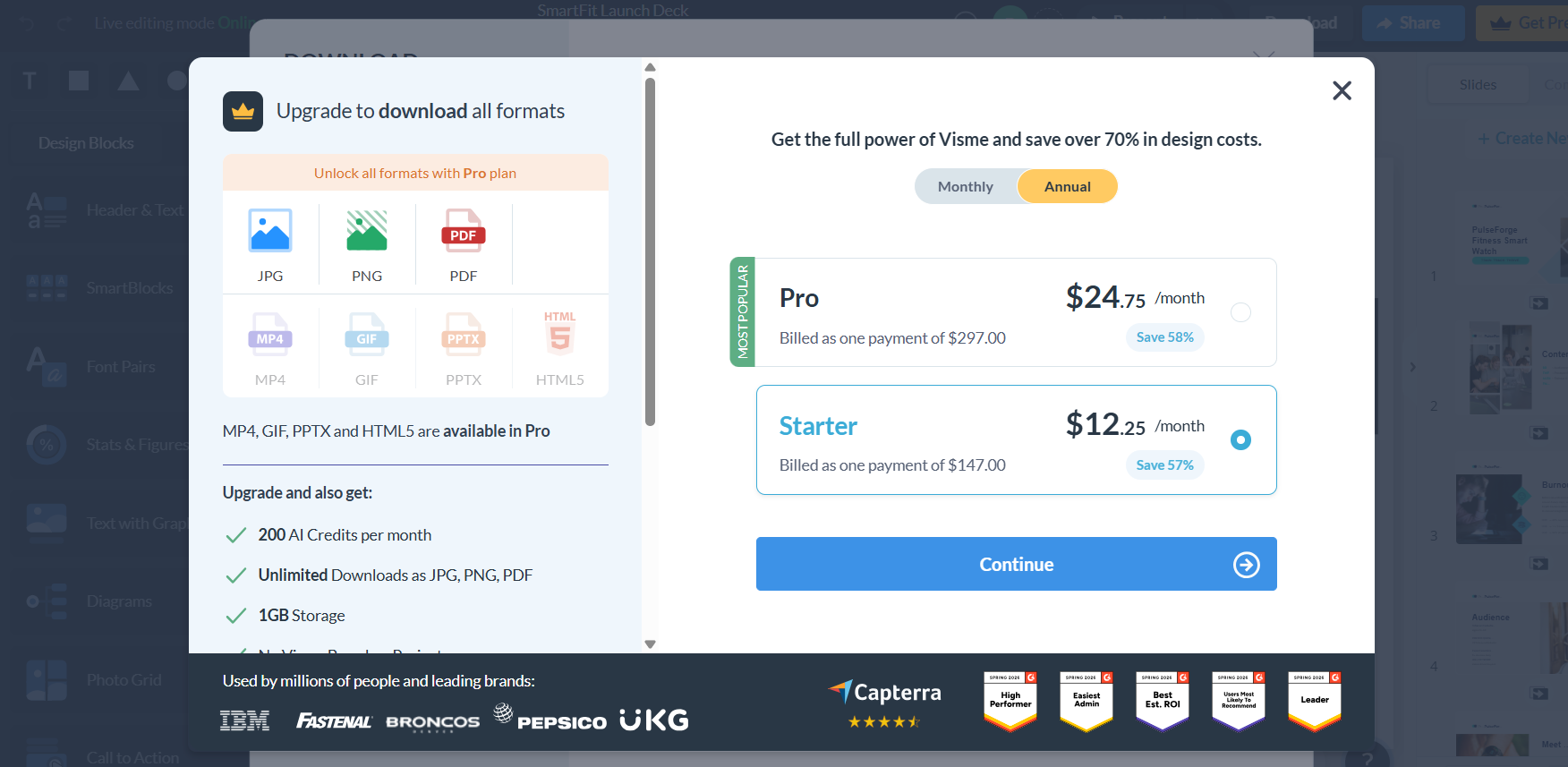 The Visme upgrade popup showing that downloading presentations as PDF or PowerPoint PPTX files is restricted on the free plan and requires a paid subscription.