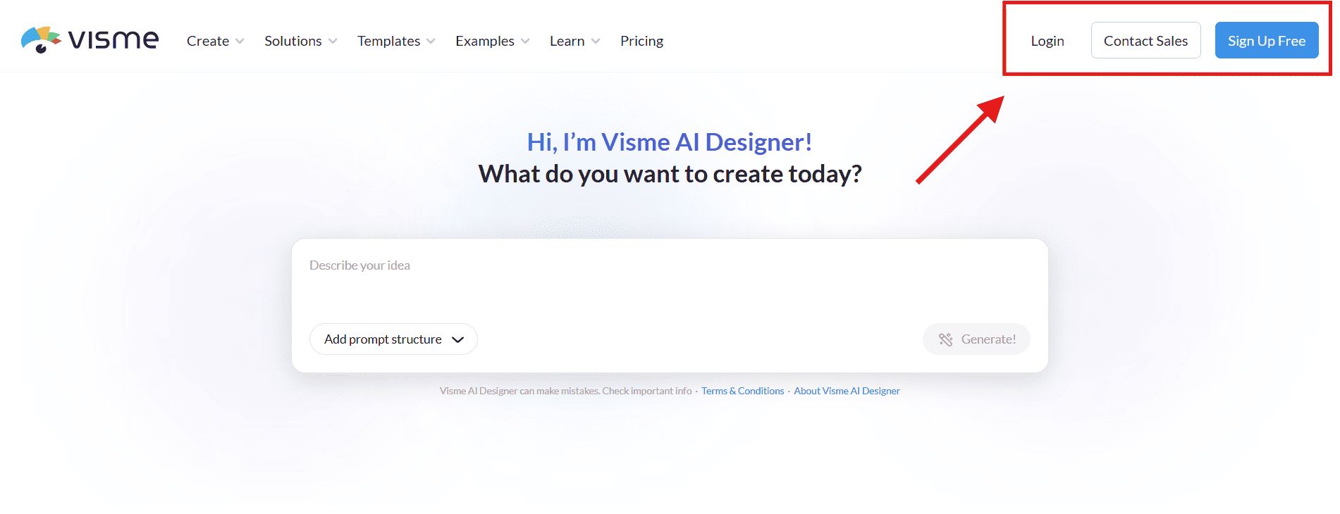 The Visme homepage highlighting the Login and Sign Up Free buttons in the top right corner to start creating a new presentation.