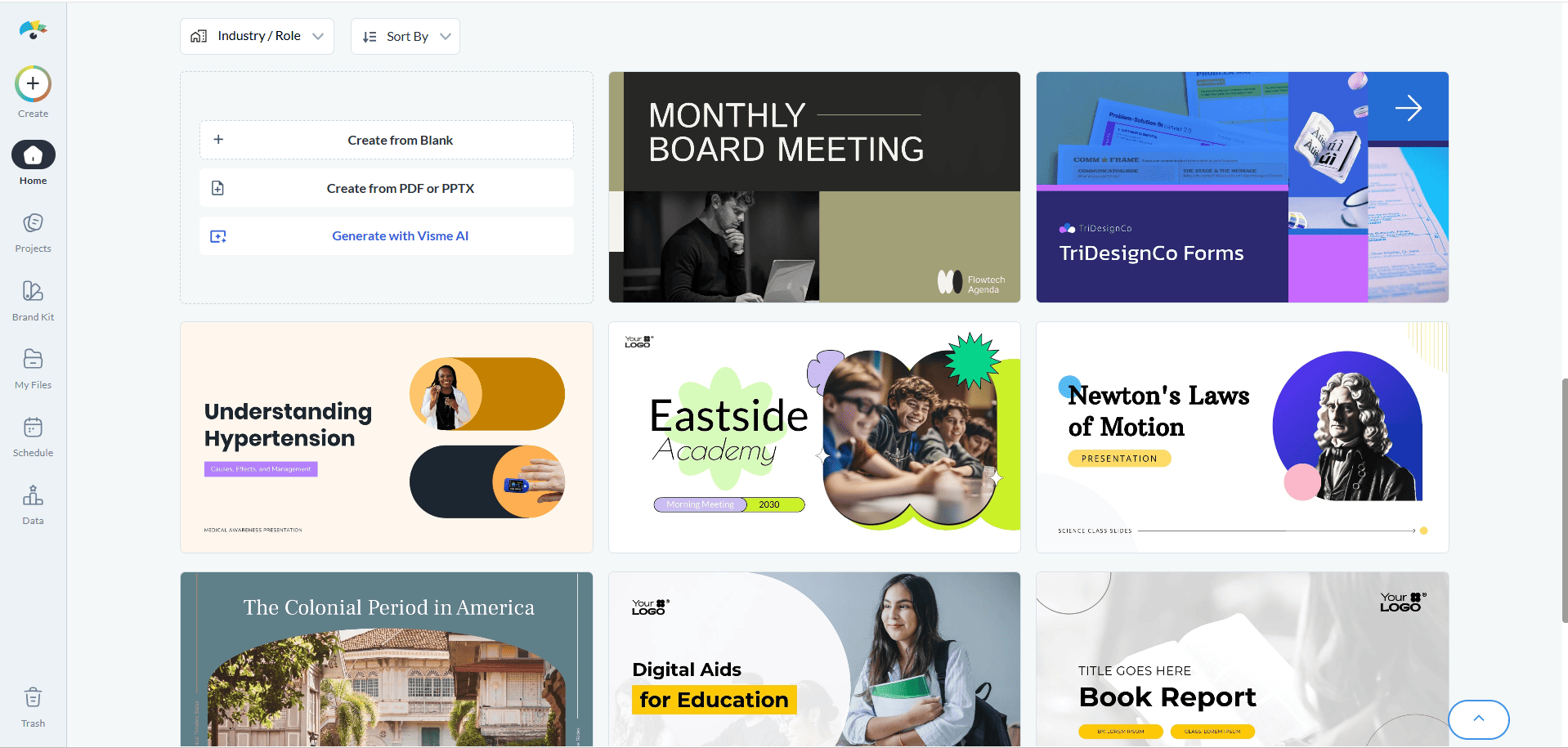 Screenshot of the Visme presentation dashboard displaying template options including board meetings, medical reports, and educational decks alongside creation options like Visme AI and file import.