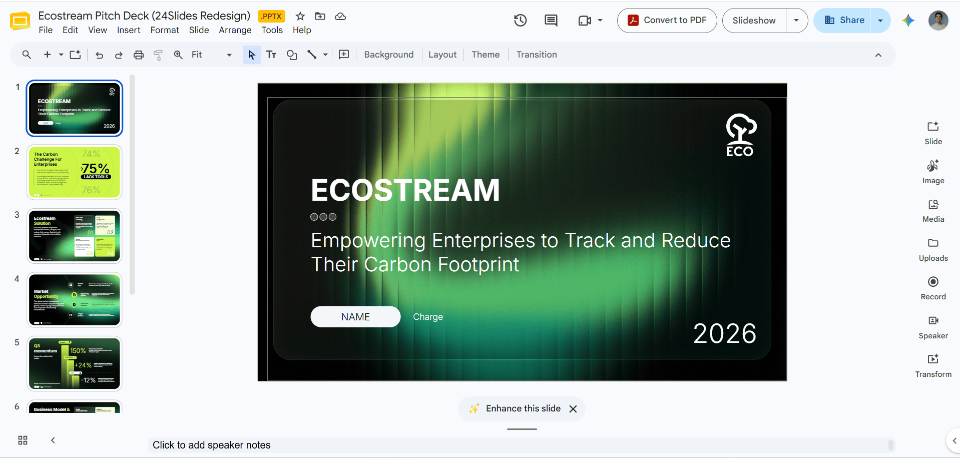 Google Slides editor displaying the complete 8-slide EcoStream pitch deck redesigned by 24Slides.