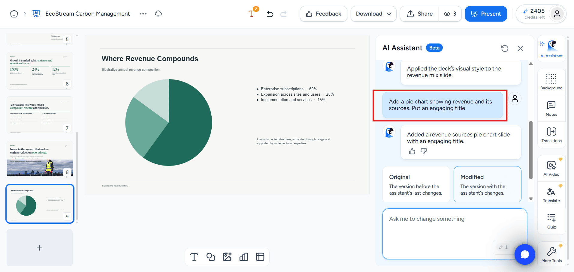 SlideSpeak AI chat interface generating a revenue pie chart slide with inconsistent font styling.