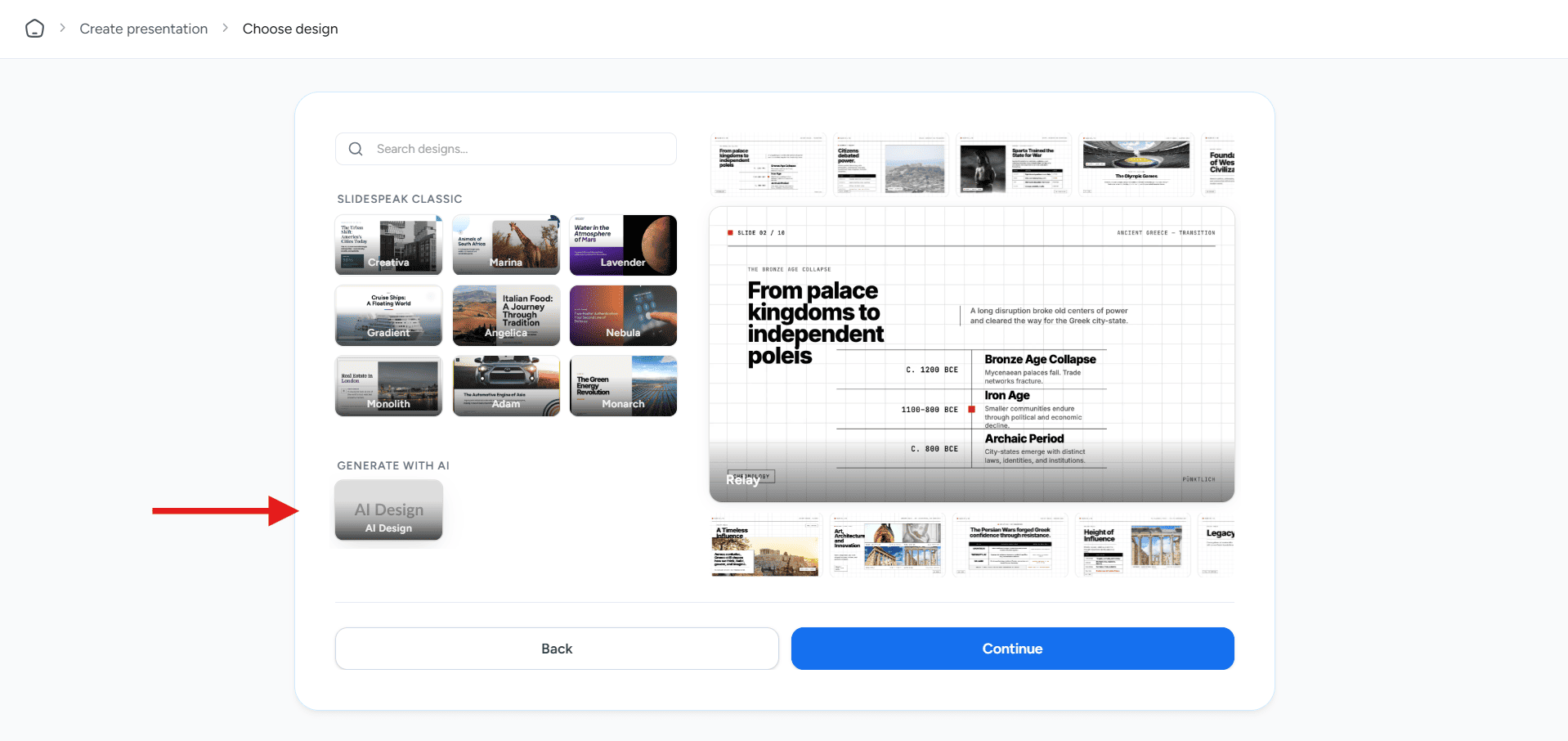 SlideSpeak presentation setup screen highlighting the "AI Design" selection for generative layout creation.