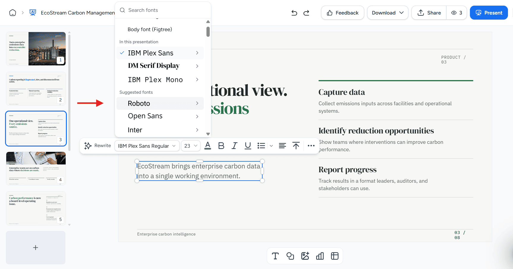 SlideSpeak editor interface showing local font selection dropdown for an individual text box.
