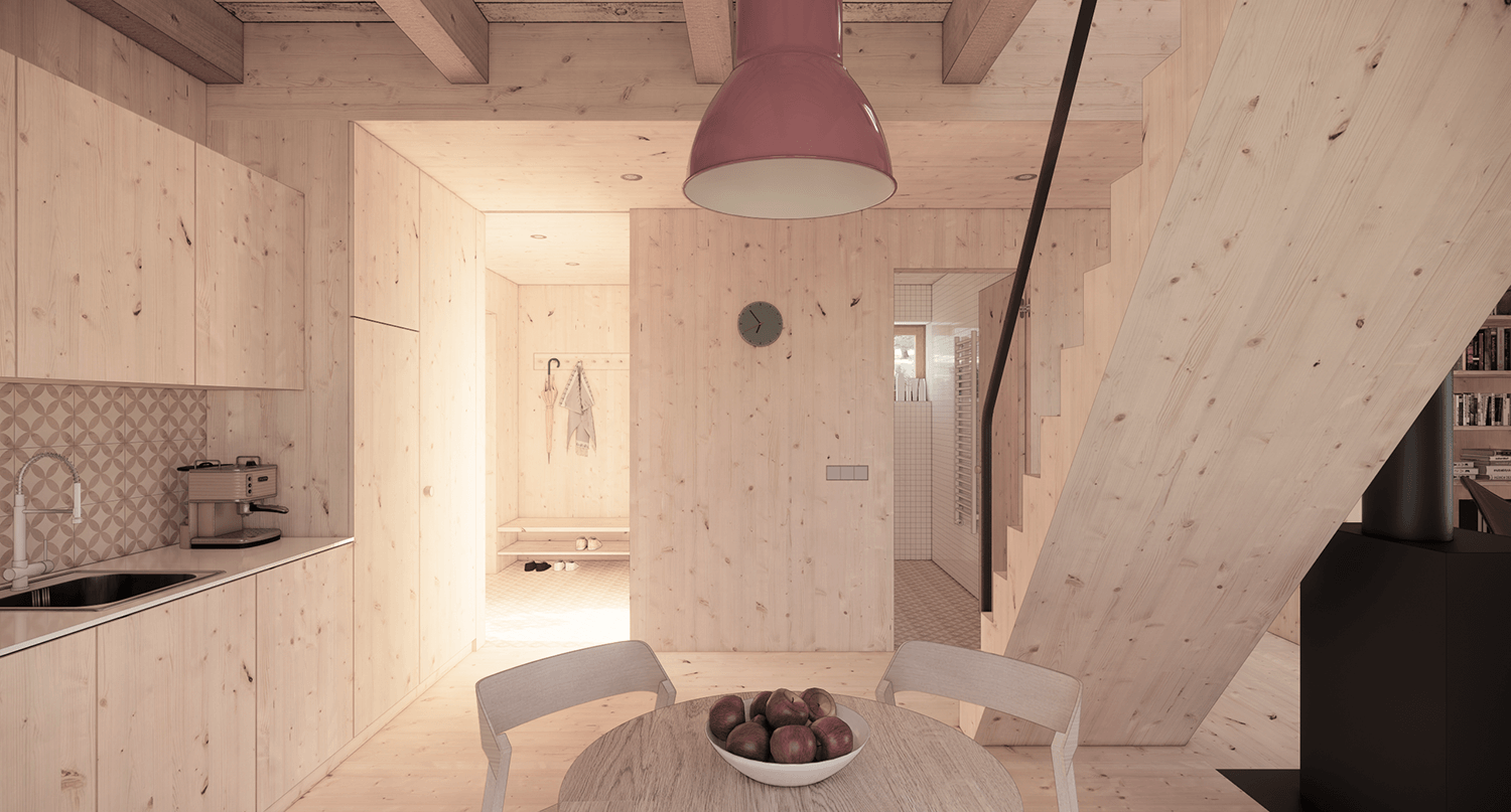 Prostor, dřevostavba, interiér