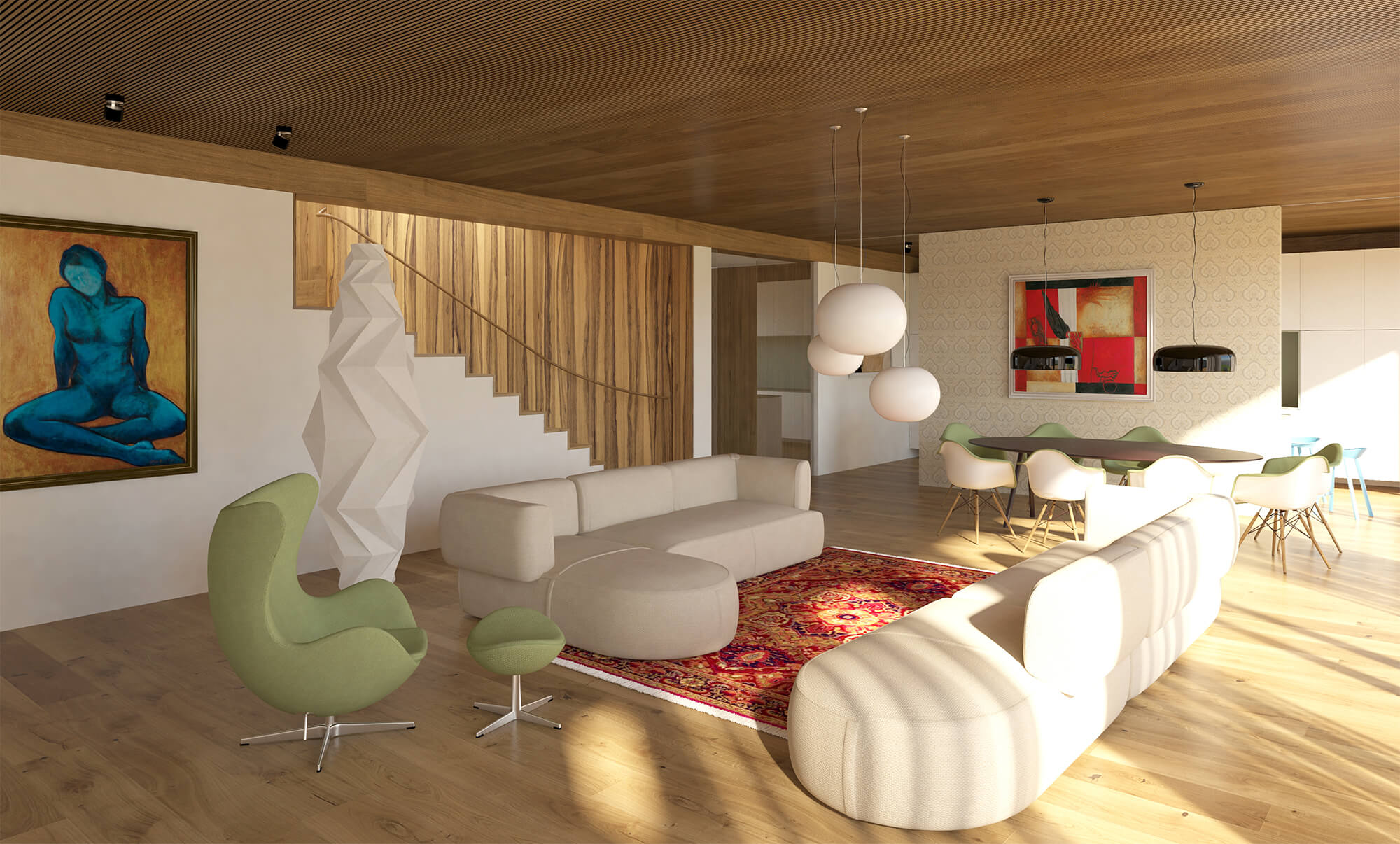 Obývací prostory, dřevěný pohled