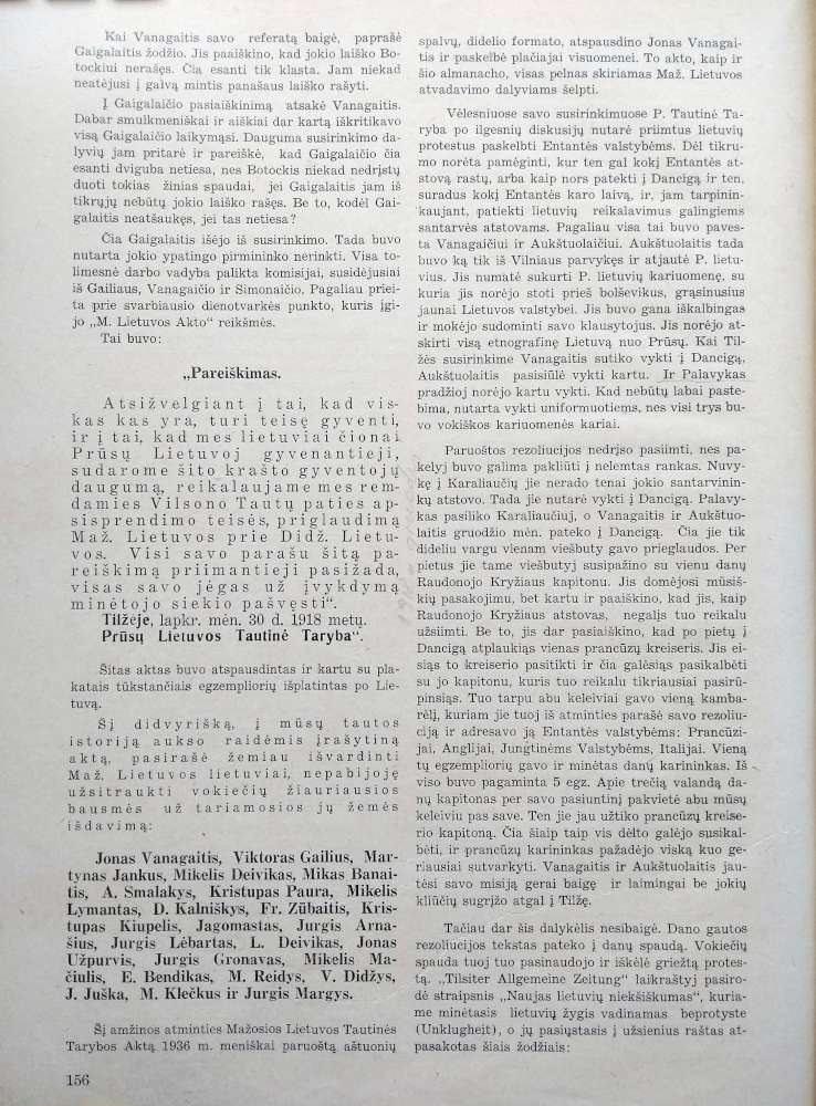 Jono Vanagaičio (1869 - 1946) 1938 m. almanache „Kovos keliais“, psl. 156 spausdintas „Pareiškimo“ nuorašas | V. Navaičio faksimilė