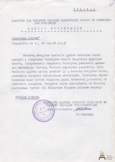 Radijo stoties „Amerikos balsas“ 1970 m. lapkričio 25 d. transliuoto pranešimo išrašas. Dokumentą saugo Lietuvos ypatingasis archyvas | archyvai.lt nuotr.