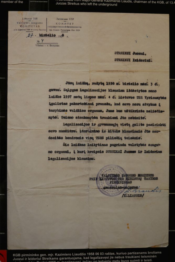 LSSR KGB pirmininko gener. K. Liaudžio raštas, garantuojantis Juozapui ir Izidoriui Streikams neliečiamybę, 1958 m. | genocid.lt nuotr.