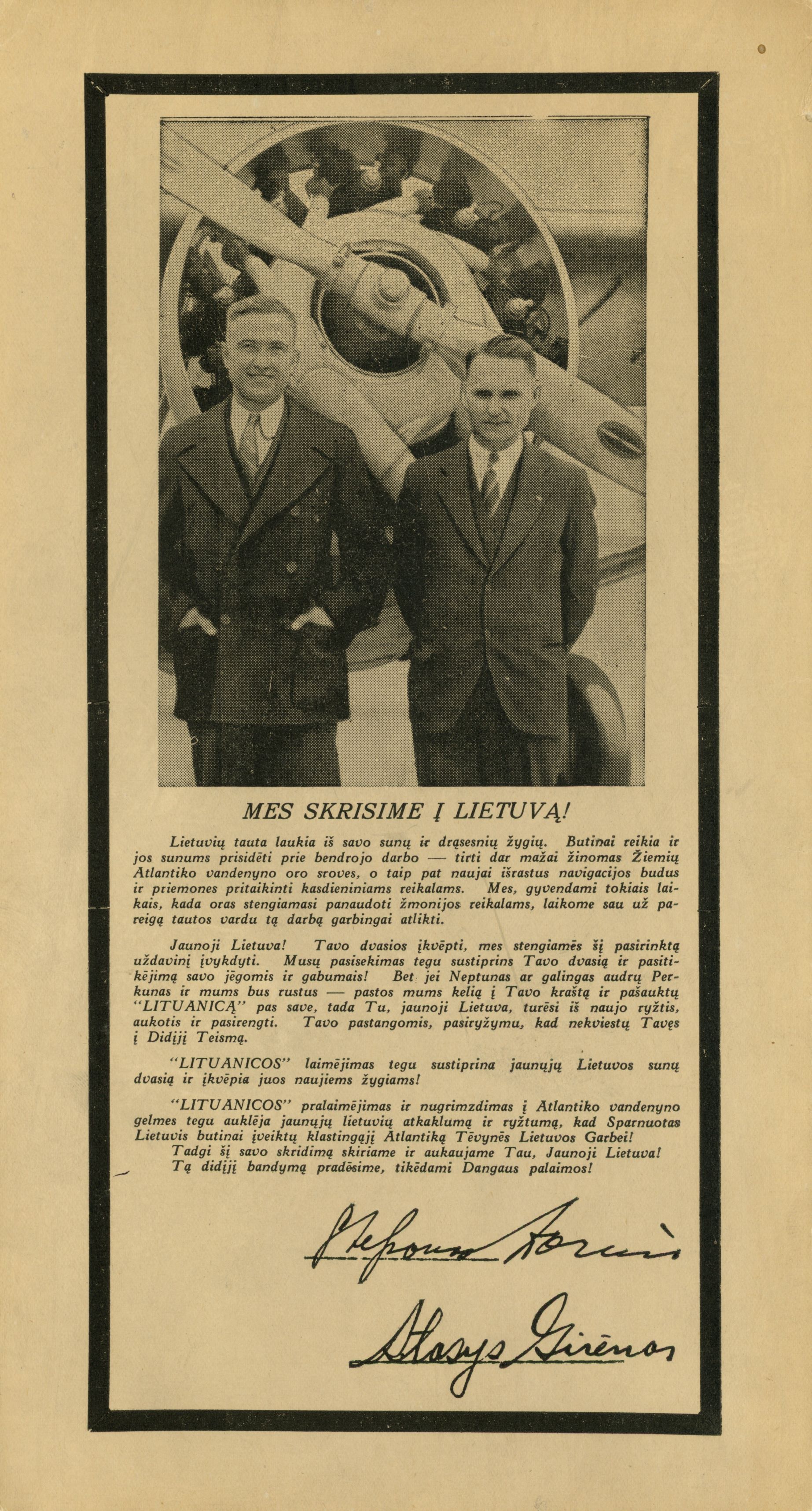 Atsišaukimas „Mes skrisime į Lietuvą!“. JAV, Čikaga, XX a. 4 deš. | Vytauto Didžiojo karo muziejaus nuotr.
