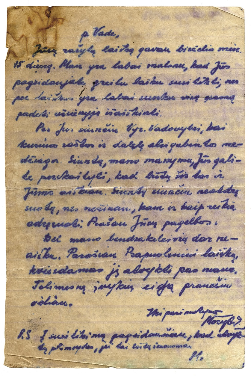 Kazimiero Pyplio-Mažyčio laiškas Adolfui Ramanauskui-Vanagui. 1949 m. birželis | Rengėjų nuotr.
