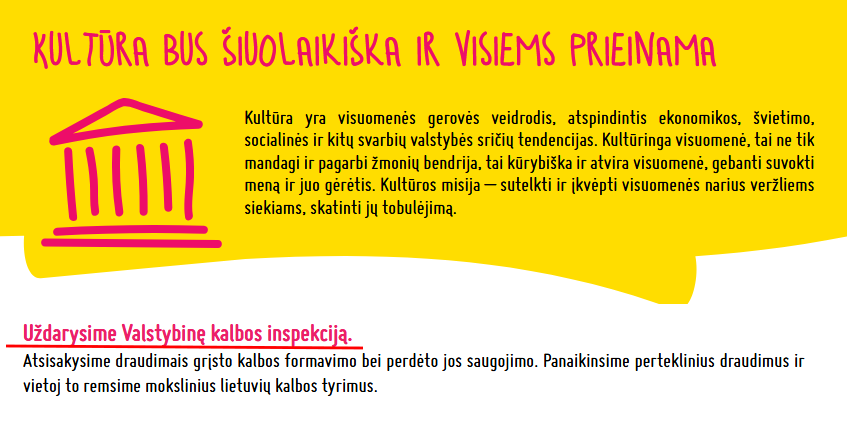 Laisvės partija trumpojoje savo programos versijoje pasižada panaikinti Valstybinę kalbos inspekciją, o ilgojoje – Valstybinę lietuvių kalbos komisiją, taigi jų neskiria | Alkas.lt ekrano nuotr.