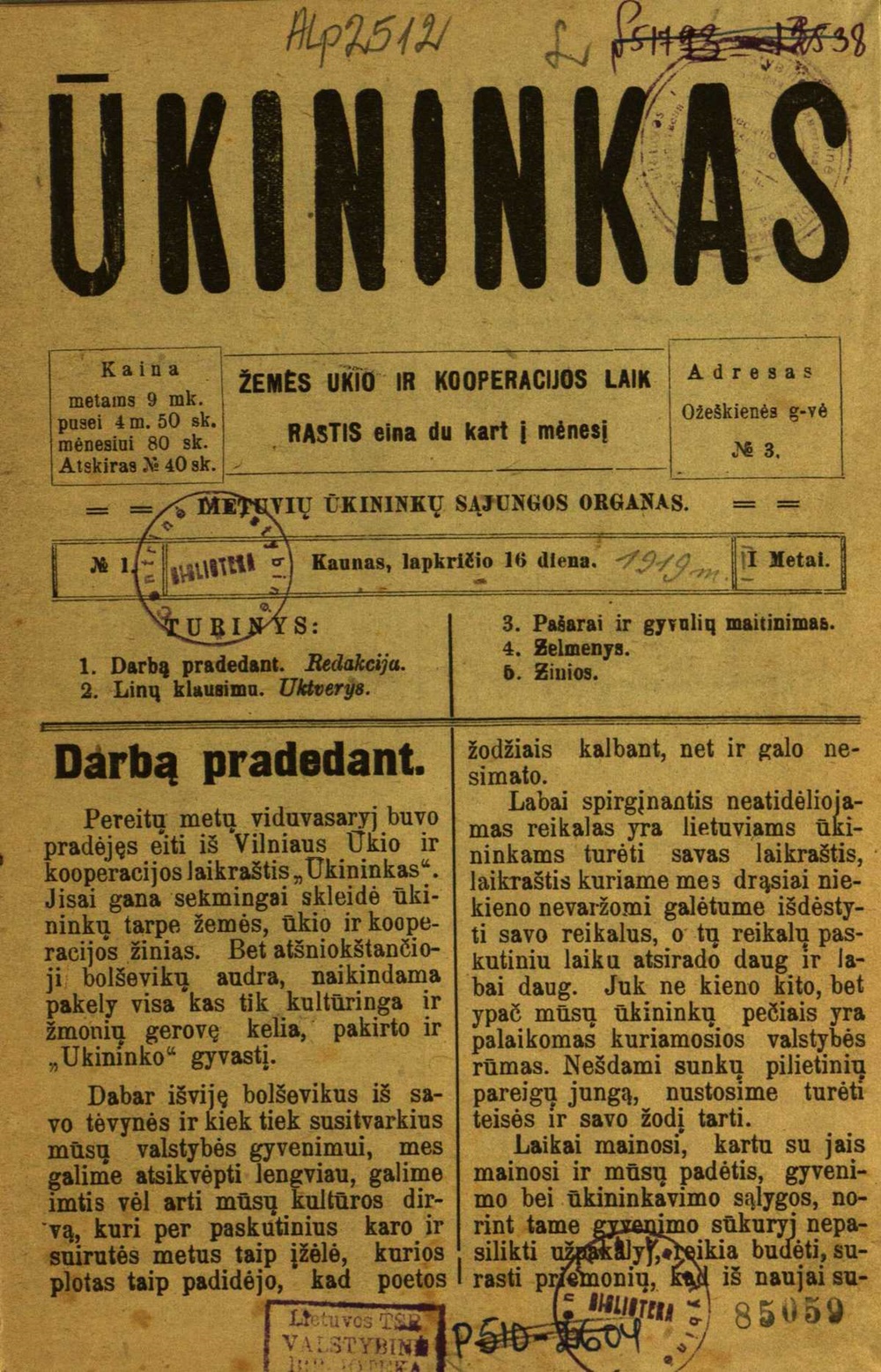 „Darbą pradedant“, Ūkininkas, nr. 1, 1919 m. lapkričio 16 d., p. 1-2 | kaunomuziejus.lt nuotr.