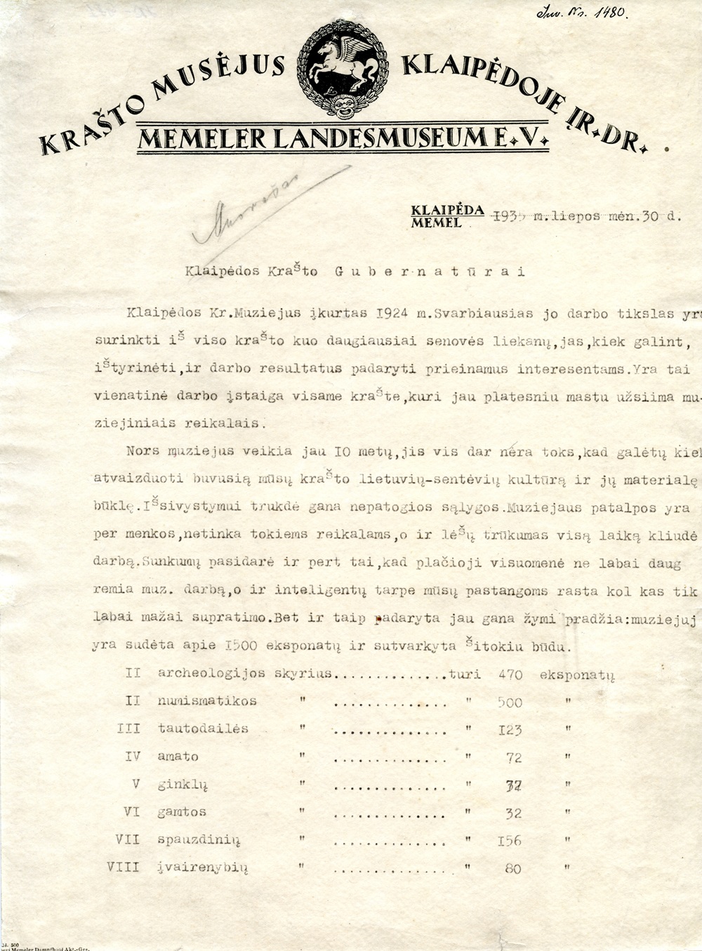 Krašto muziejaus Klaipėdoje 1935 m. liepos 30 d. raštas Klaipėdos krašto gubernatūrai | MLIM archyvo nuotr.