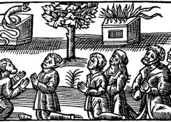 Medžio raižinys 1555 m. Žmonės meldžiasi prie dviejų altorių, vienas su gyvate, kitas su ugnimi. Nežinomas atorius | punskas.pl nuotr.